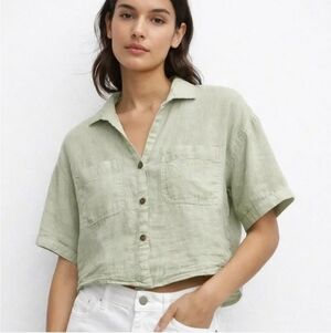 Zara Women's Button Down Linen Pocket Top V-Neck Short Sleeve Small Classic Chic